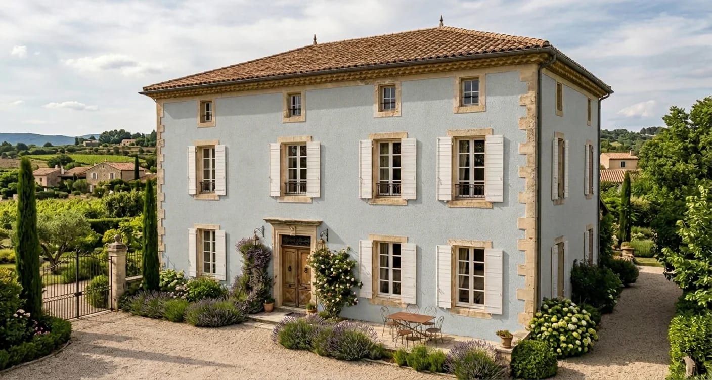 La même bastide après ravalement, telle que Facia la simule : enduit gratté fin, teinte gris bleuté.
